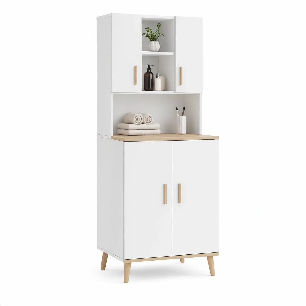 Armário Vertical Branco e Carvalho Natural com 4 Portas, Nichos Abertos e 64 x 30 x 180 cm