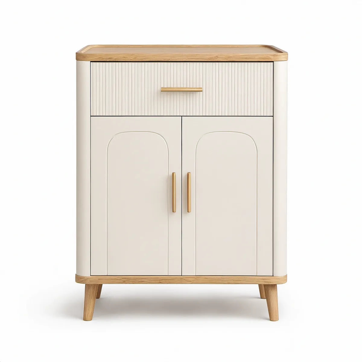 Armário Vertical em MDF e Madeira Maciça Branco Creme, Natural e Dourado 90 x 40 x 120 cm