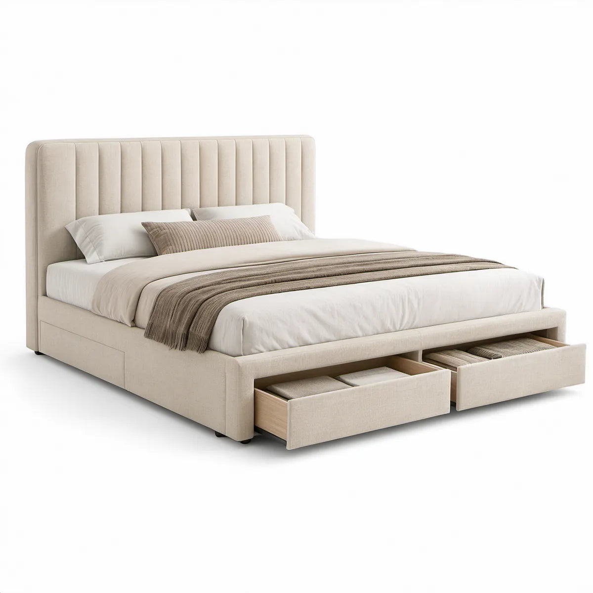 Cama de Casal Estofada Bege 160 x 200 cm com 2 Gavetas