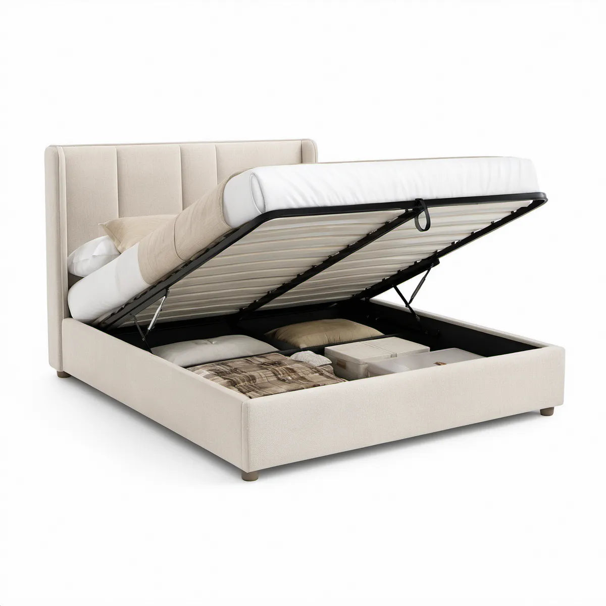 Cama de Casal Elevatória com Arrumação em Poliéster Bege e Preto, 160 x 200 cm