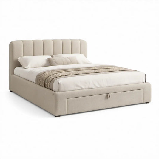 Cama de Casal Estofada com Arrumação Frontal Bege para Colchão 160 x 200 cm