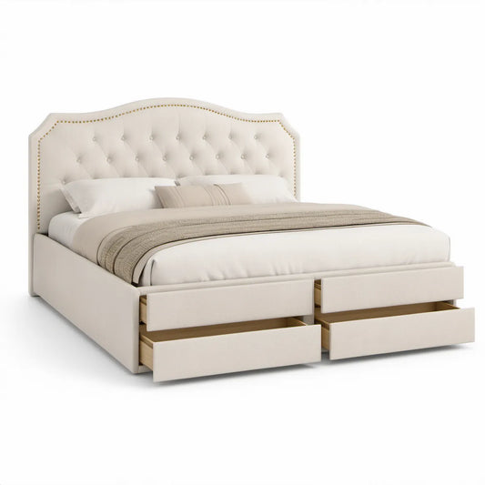 Cama de Casal Estofada Bege com 4 Gavetas, 160 x 200 cm