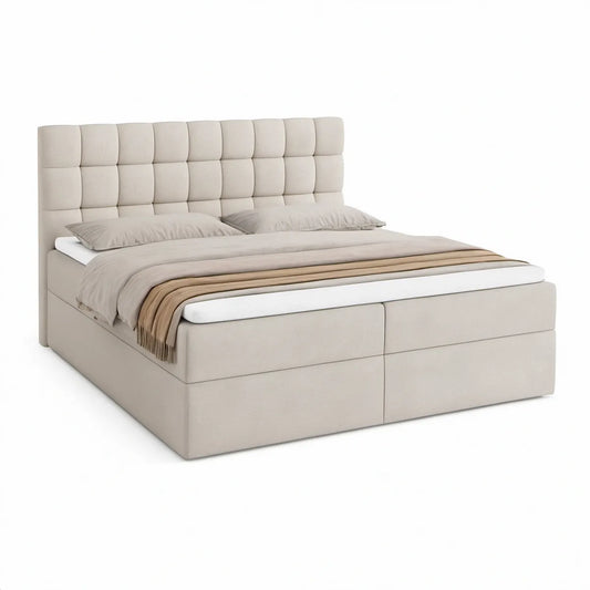 Cama Box Spring com 4 Gavetas e Cabeceira Acolchoada 160 x 200 cm Bege