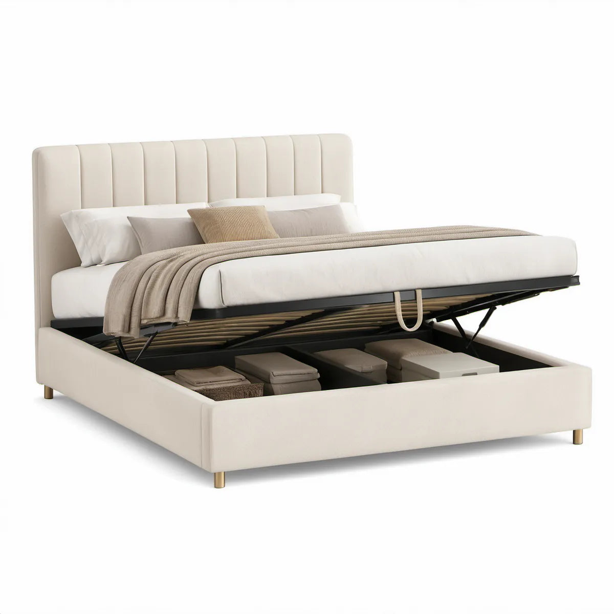 Cama de Casal com Estrado Elevatório e Arrumação 160 x 200 cm em Pele Sintética PU Bege