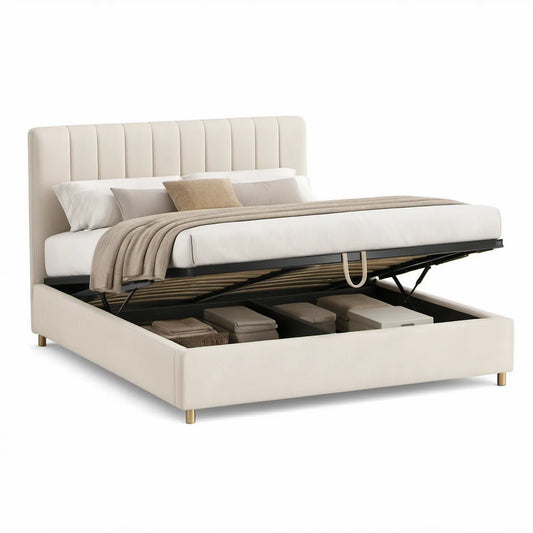 Cama de Casal com Estrado Elevatório e Arrumação 160 x 200 cm em Pele Sintética PU Bege