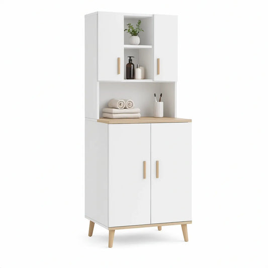 Armário Vertical Branco e Carvalho Natural com 4 Portas, Nichos Abertos e 64 x 30 x 180 cm