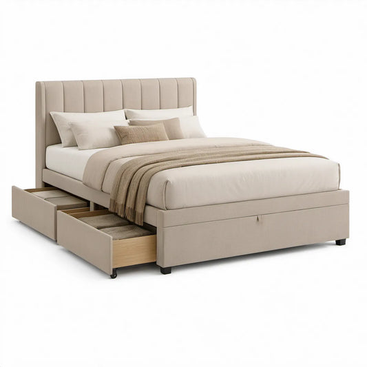 Cama de Casal com 3 Gavetas e Cabeceira Estofada Bege para Colchão 160 x 200 cm, 170 x 215 x 120 cm