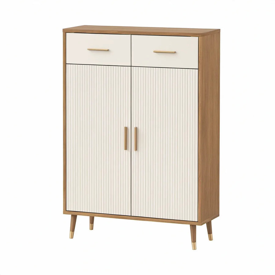Aparador Alto em MDF Branco e Nogueira com 2 Gavetas e 2 Portas, 80 x 40 x 120 cm