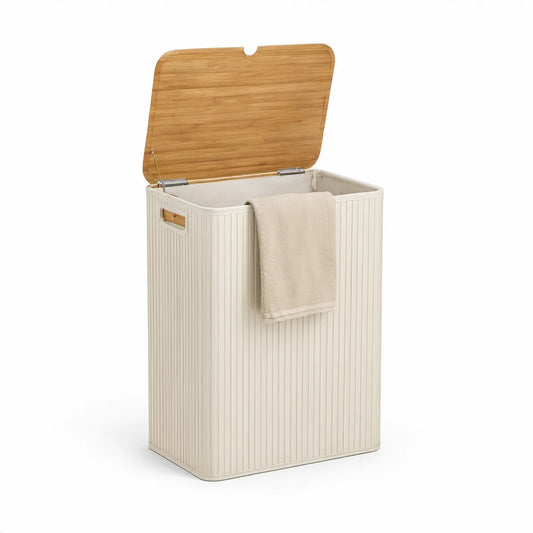 Cesto de Roupa Suja Retangular em Bambu com Tampa 40 x 30 x 60 cm Creme, Castanho Natural e Bege