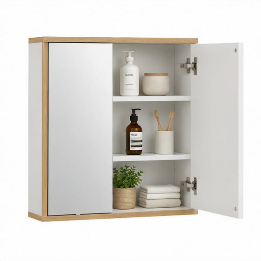 Armário de Casa de Banho com Espelho e 2 Portas 60 x 15 x 70 cm em MDF Branco e Carvalho