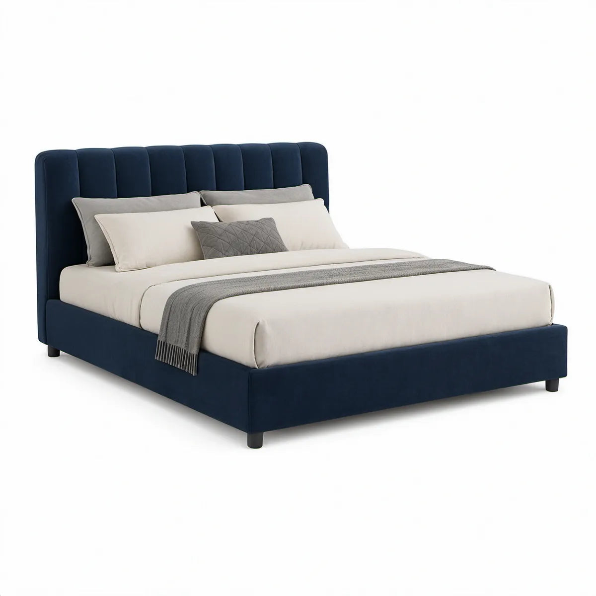 Cama de Casal com Arrumação e Cabeceira Estofada em Veludo Azul-Marinho, 160 x 200 cm