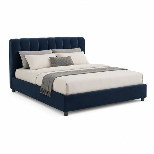 Cama de Casal com Arrumação e Cabeceira Estofada em Veludo Azul-Marinho, 160 x 200 cm