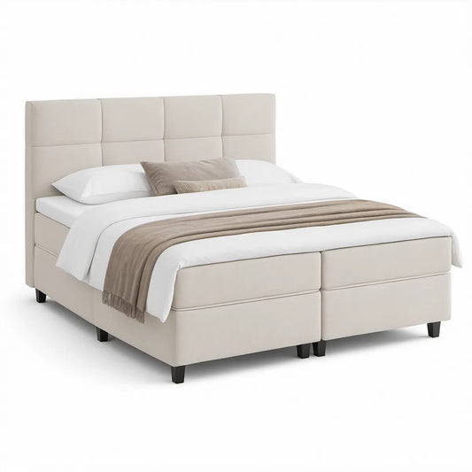 Cama estofada bege para colchão de 160 x 200 cm com cabeceira