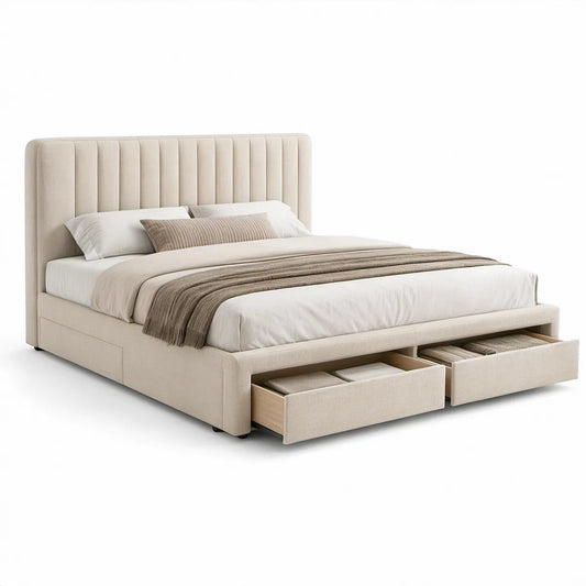 Cama de Casal Estofada Bege 160 x 200 cm com 2 Gavetas