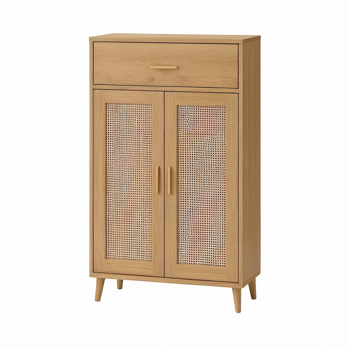 Armário Alto com 2 Portas e 1 Gaveta em Carvalho Natural e Vime, 80 x 40 x 150 cm