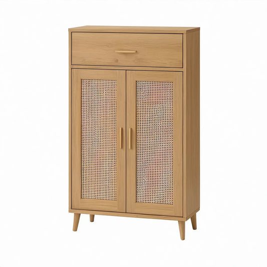Armário Alto com 2 Portas e 1 Gaveta em Carvalho Natural e Vime, 80 x 40 x 150 cm
