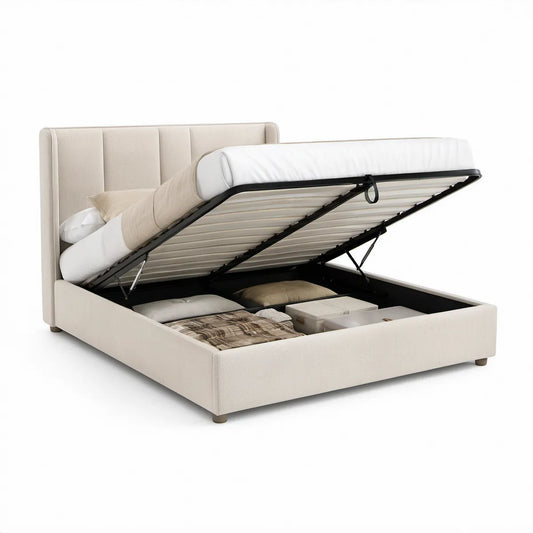 Cama de Casal Elevatória com Arrumação em Poliéster Bege e Preto, 160 x 200 cm
