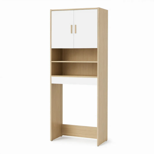 Armário para Máquina de Lavar Roupa com 2 Portas e 2 Prateleiras, 64 x 25 x 190 cm, Branco e Carvalho Claro