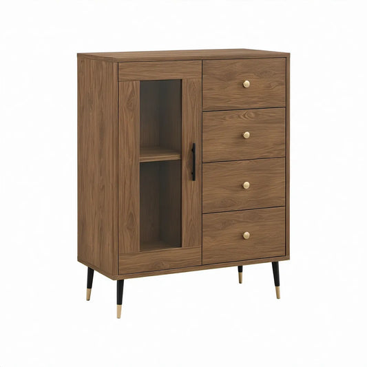 Aparador Alto em MDF Nogueira com Vidro Fumado, 100 x 40 x 120 cm