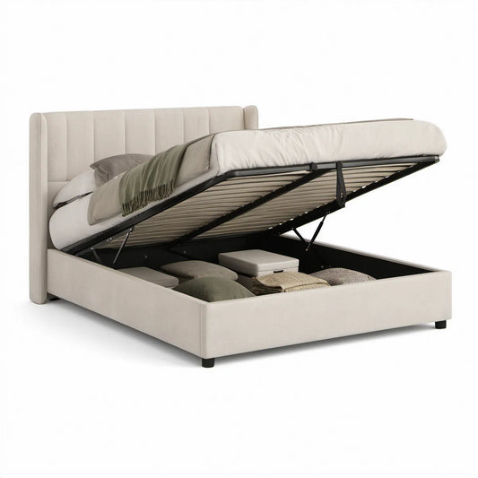 Cama de Casal com Arrumação Elevatória 160 x 200 cm em Poliéster Bege