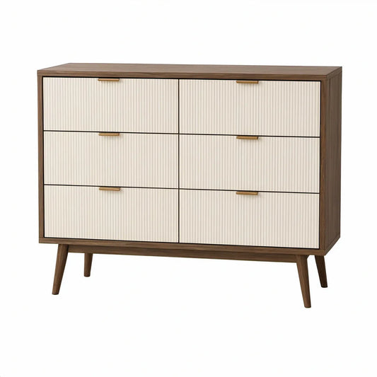 Cómoda Retangular com 6 Gavetas em Nogueira, Branco e Dourado, 120 x 40 x 90 cm