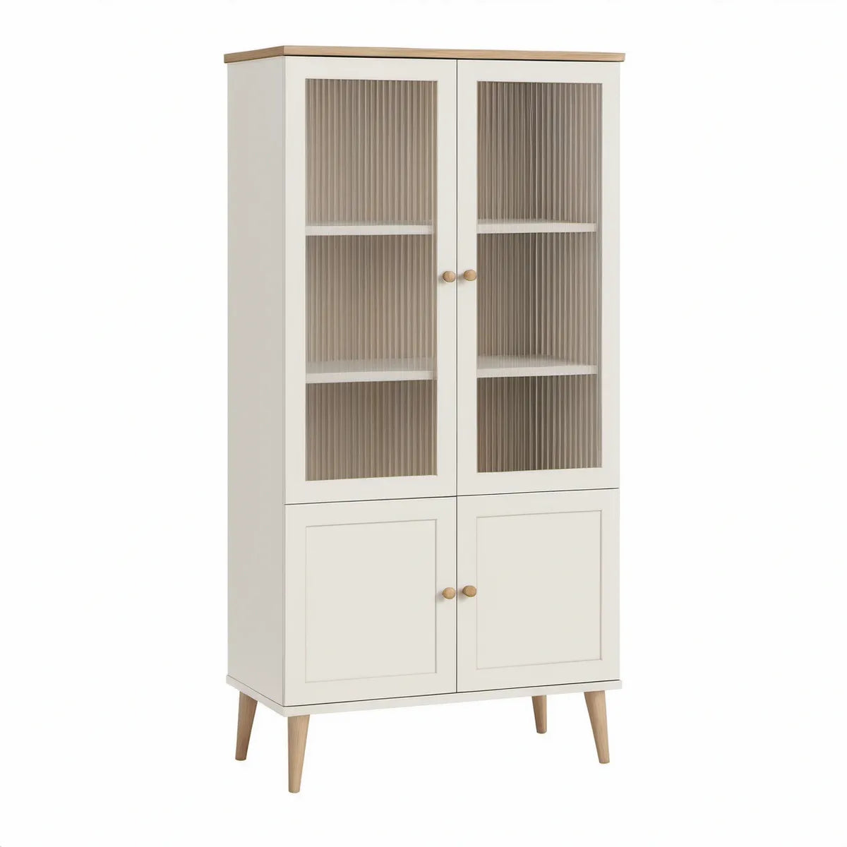 Aparador Alto em MDF Branco com Vidro Canelado e Pés em Madeira Natural, 80 x 40 x 180 cm