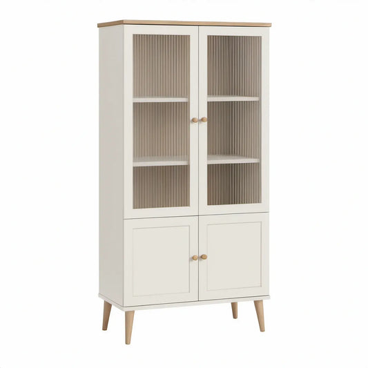 Aparador Alto em MDF Branco com Vidro Canelado e Pés em Madeira Natural, 80 x 40 x 180 cm