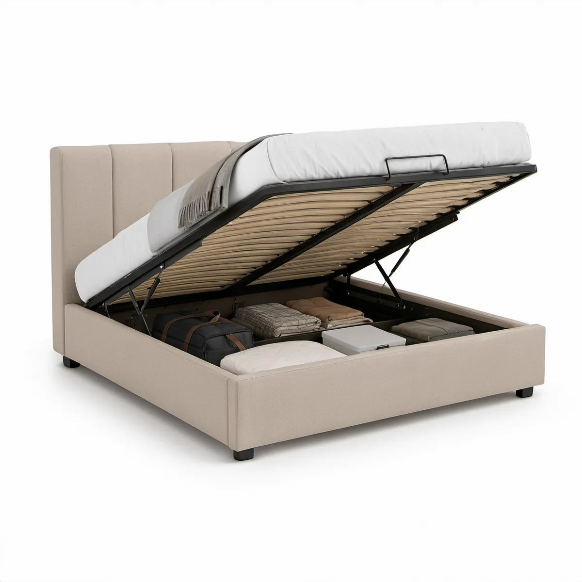 Cama de Casal Estofada com Arrumação e Estrado Elevatório, Bege, 160 x 200 cm